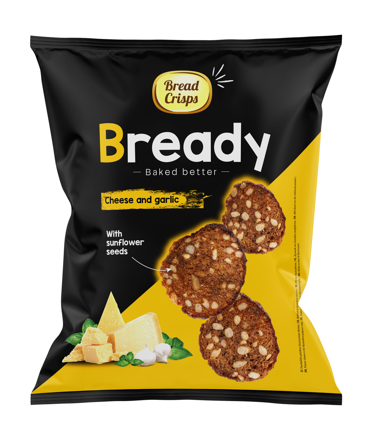 Bready tamsios duonos traškučiai sūrio ir česnako skonio, 120 g.