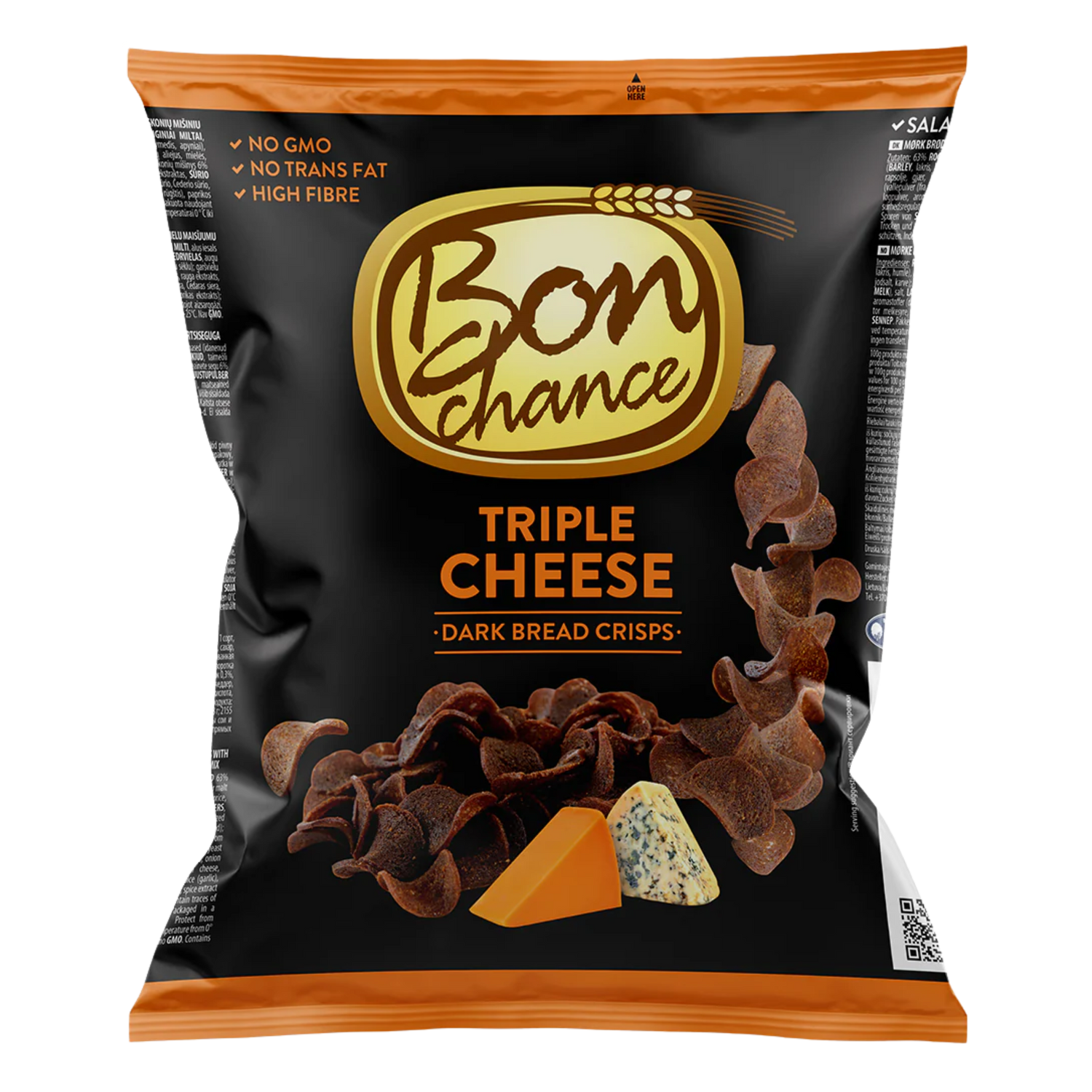 BON CHANCE dark bread chips, cheese flavor, 120g.