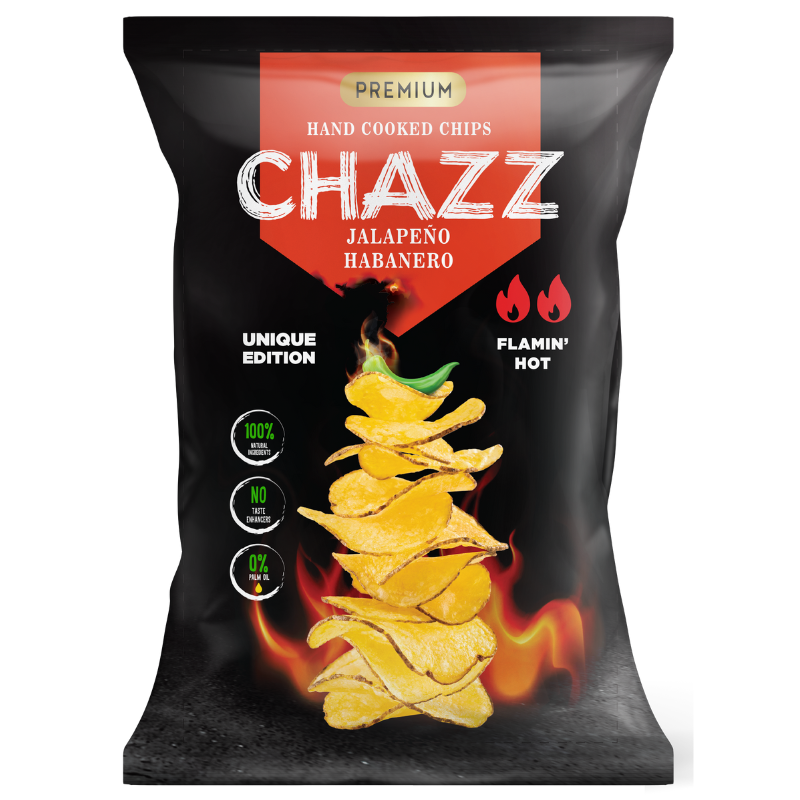 CHAZZ HAND COOKED potato chips with jalapeno pepper flavour