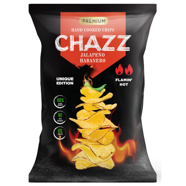 CHAZZ HAND COOKED potato chips with jalapeno pepper flavor, 90g. 