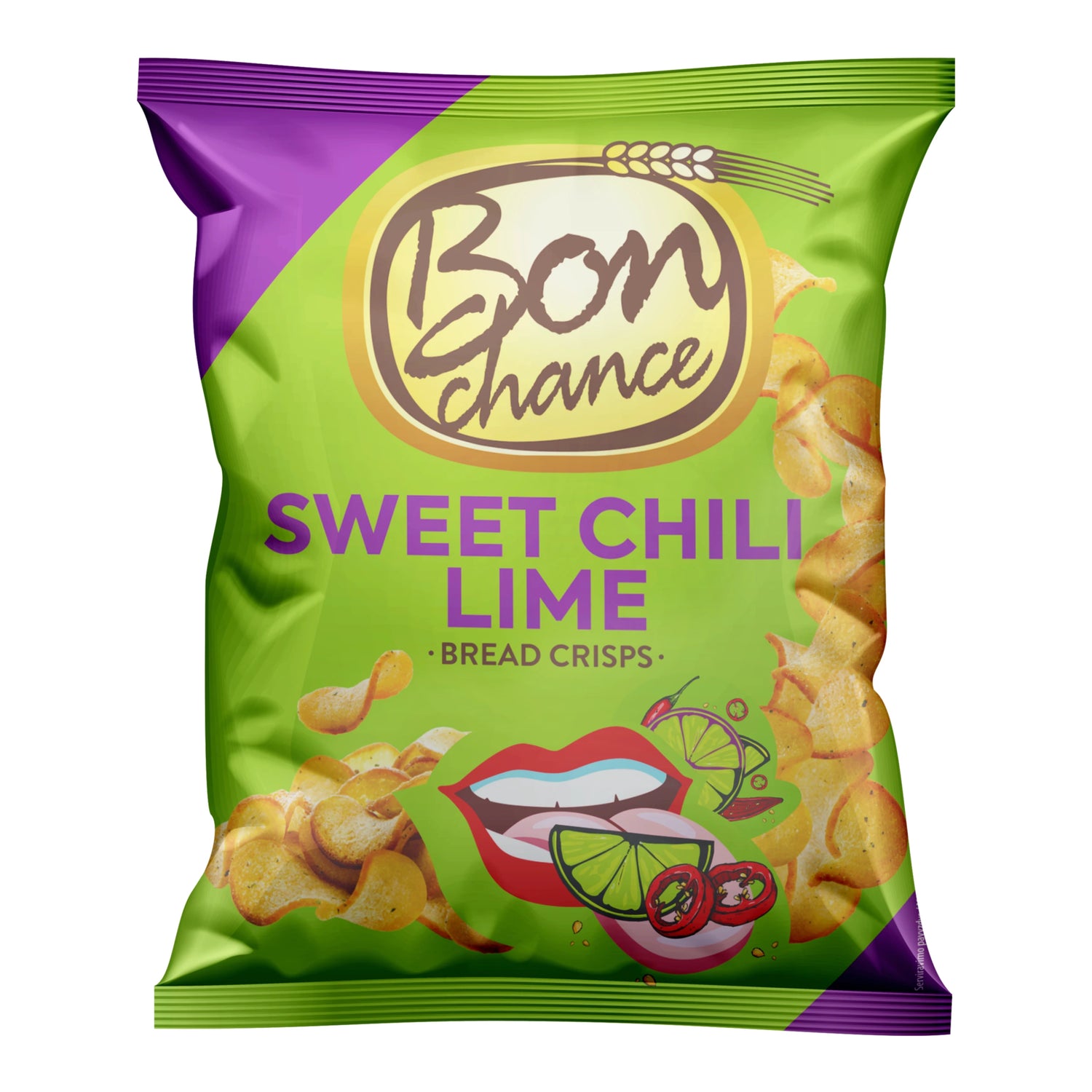BON CHANCE duonos traškučiai, SWEET CHILLI & LIME skonio, 120g.