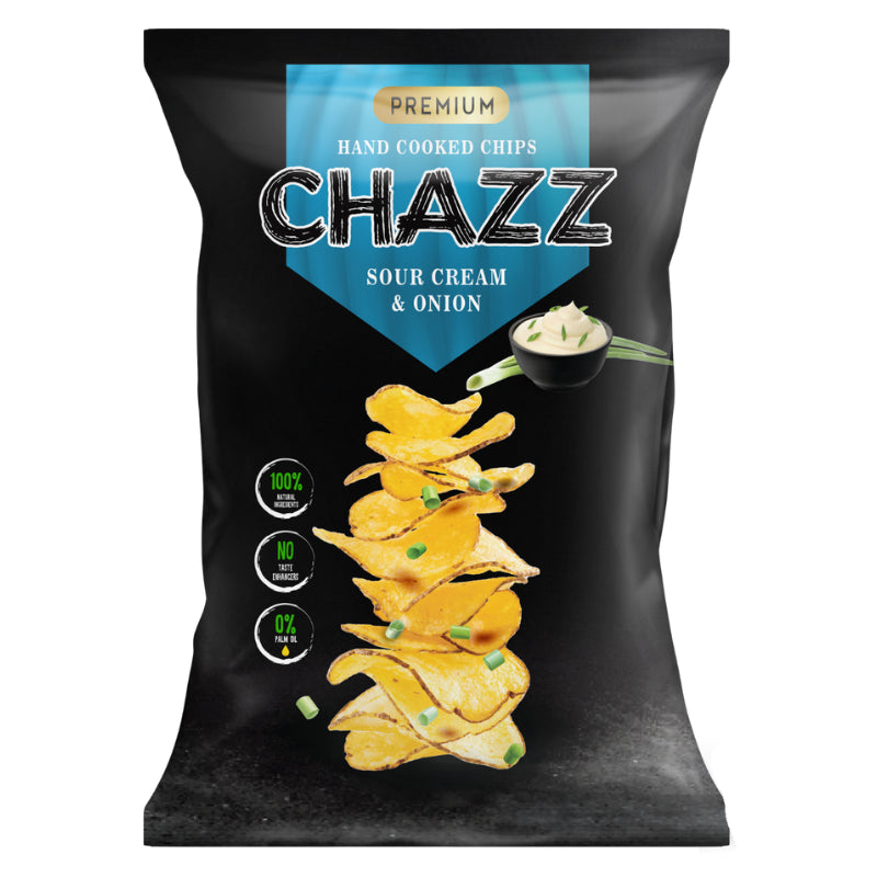 CHAZZ HAND COOKED Sour cream and onion flavored potato chips, 90g. 