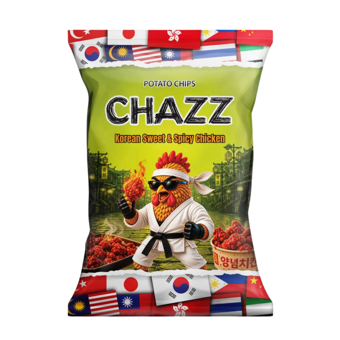 CHAZZ aštrūs, korėjietiškos vištienos skonio bulvių traškučiai, 90 g.