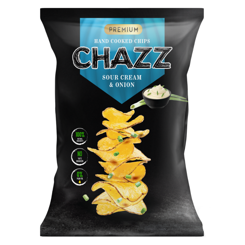 CHAZZ HAND COOKED Sour cream and onion flavoured potato chips